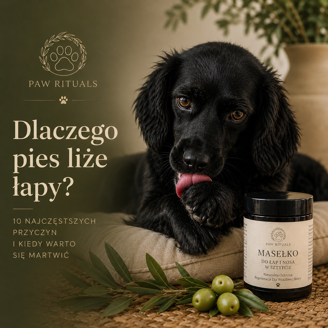 Pies liżący łapę obok naturalnego masełka Paw Rituals do łap i nosa. Grafika edukacyjna o najczęstszych przyczynach lizania łap oraz pielęgnacji, nawilżaniu i ochronie opuszek psa.