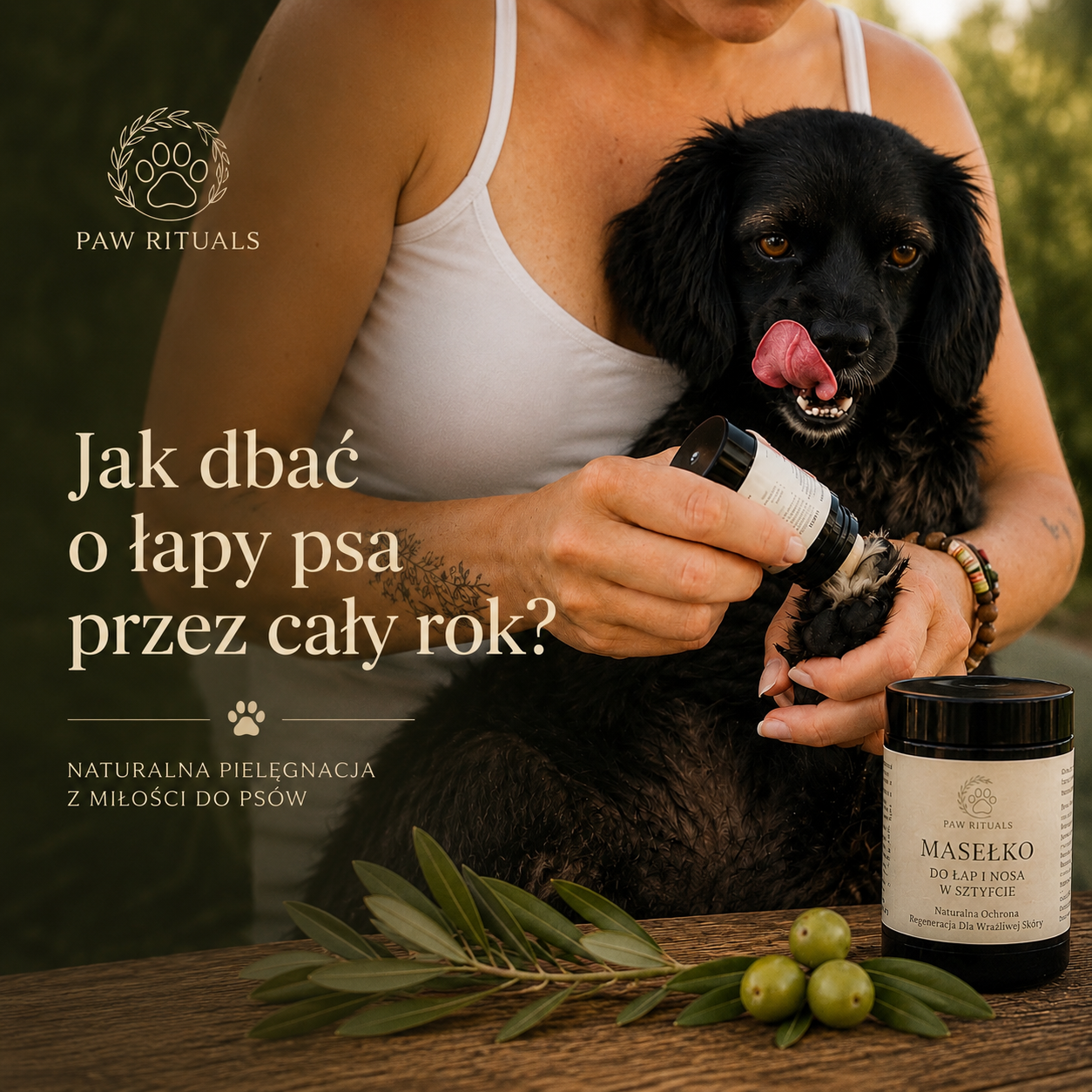 Kobieta nakłada naturalne masełko Paw Rituals na łapę czarnego psa podczas pielęgnacji. Blog edukacyjny o tym, jak dbać o łapy psa przez cały rok, naturalnej ochronie opuszek oraz regeneracji łap psa z wykorzystaniem masełka Paw Rituals.