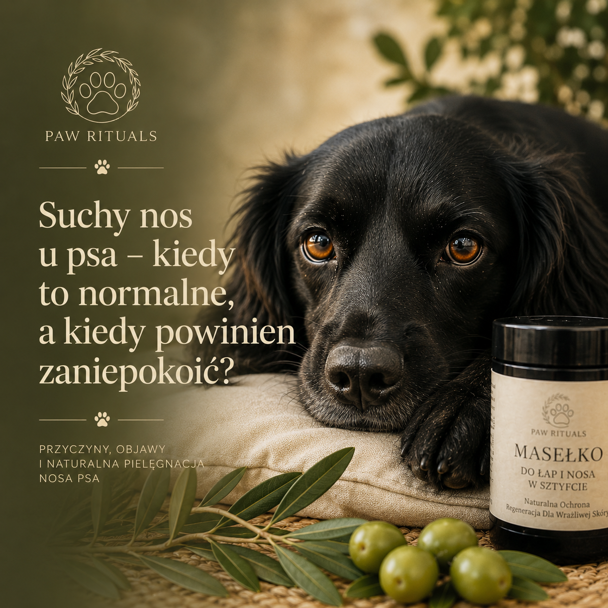 Czarny pies z suchym nosem obok naturalnego masełka Paw Rituals do łap i nosa. Grafika edukacyjna o przyczynach suchego nosa u psa i naturalnej pielęgnacji.