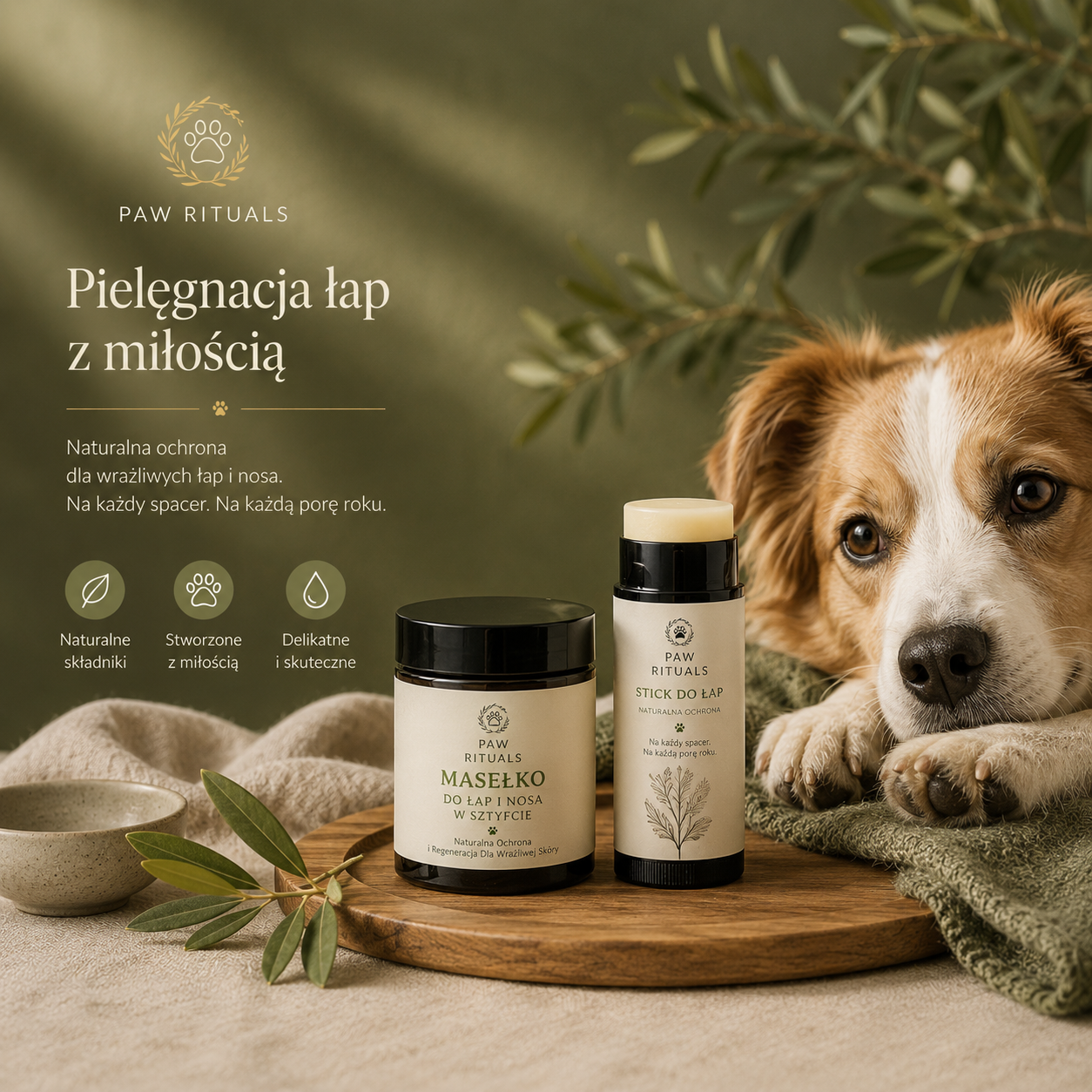 Pielęgnacja łap Paw Rituals – naturalne masełko do łap i nosa oraz stick ochronny dla psów. Naturalna ochrona, regeneracja i pielęgnacja łap oraz nosa dla zdrowia i komfortu psa.