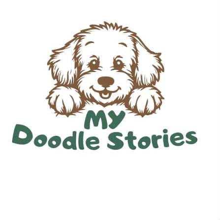 Logo My Doodle Stories z ilustracją uśmiechniętego psa – marki związanej z psami i partnera Paw Rituals.