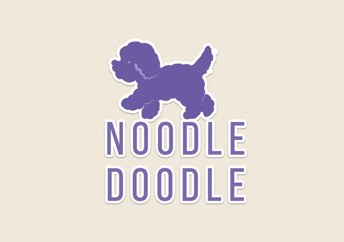 Logo Noodle Doodle z fioletową ilustracją psa – marki związanej z psami i partnera Paw Rituals.