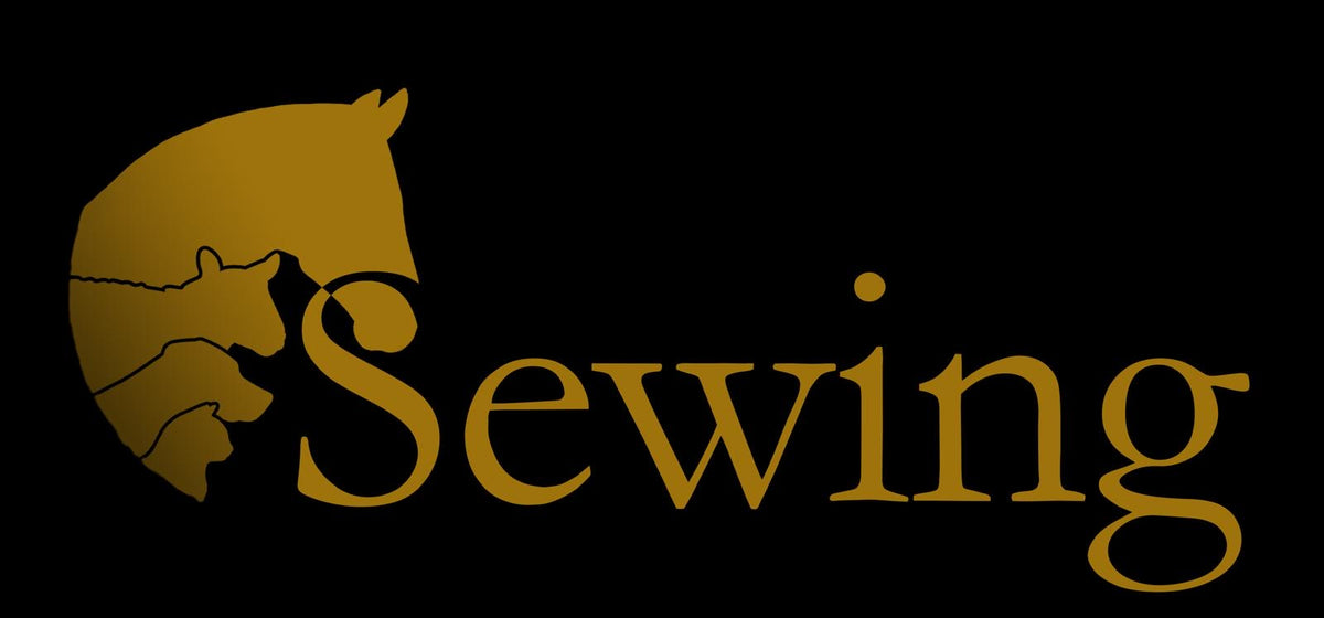Logo Sewing w złotym kolorze na czarnym tle, przedstawiające sylwetki konia, psa i kota. Partner Paw Rituals związany ze zwierzętami.