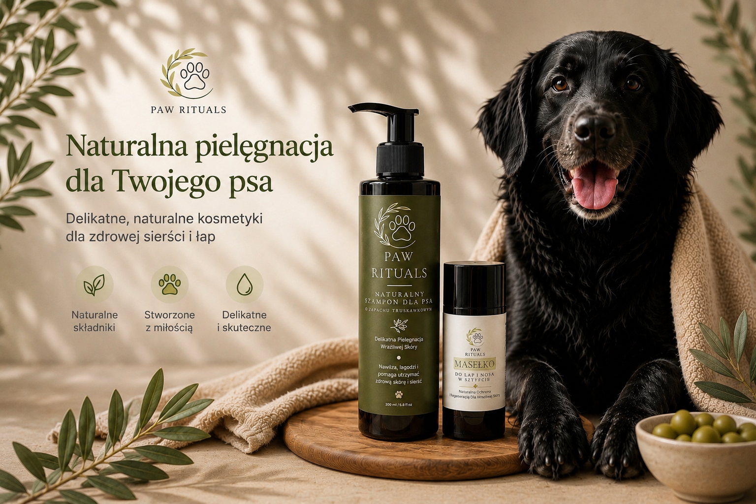 Naturalne kosmetyki dla psów Paw Rituals – szampon i masełko do łap i nosa. Delikatna pielęgnacja sierści, skóry, łap i nosa z naturalnymi składnikami wspierającymi nawilżenie, regenerację i codzienną ochronę psa.