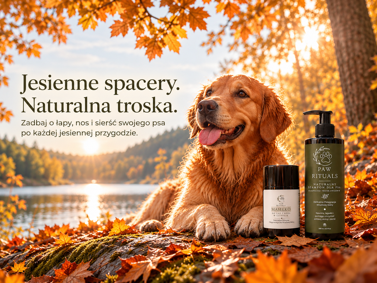 Jesienna pielęgnacja psa z Paw Rituals – radosny golden retriever nad jeziorem wśród złotych liści, obok naturalnego szamponu i masełka do łap i nosa.