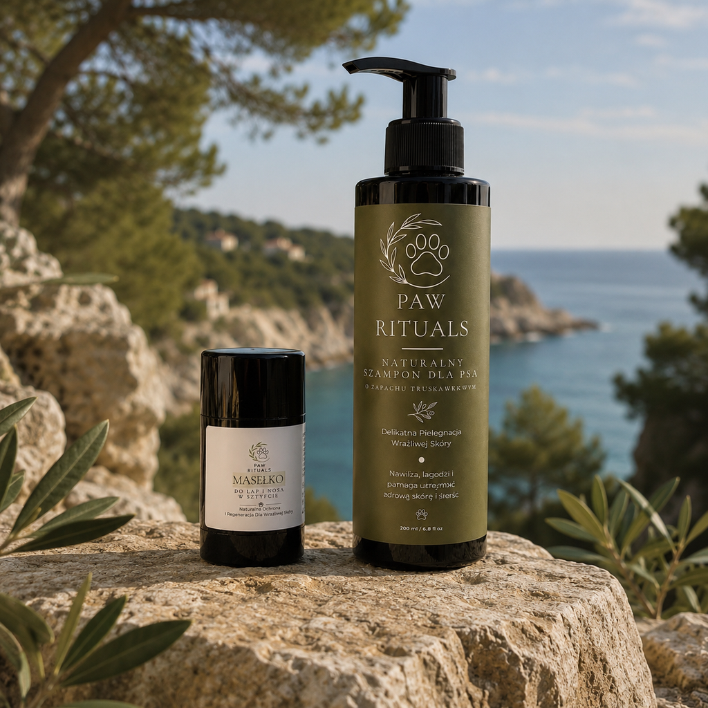 Zestaw pielęgnacyjny dla psa Paw Rituals – naturalny szampon 200 ml i masełko do łap i nosa 25 g na tle śródziemnomorskiego wybrzeża.