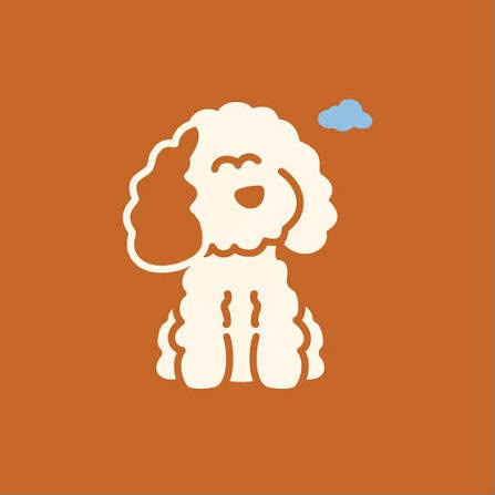 Logo z ilustracją uśmiechniętego, kremowego psa na pomarańczowym tle – partnera marki Paw Rituals.